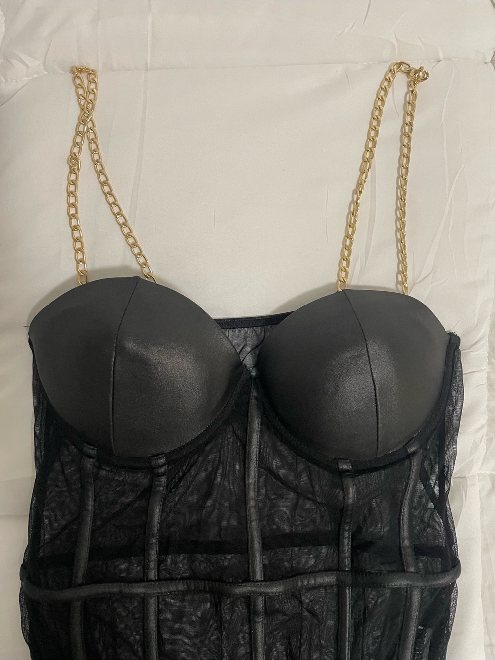 SHEIN Black Mesh Corset Bodysuit with Chain Straps - Picture 4 of 7